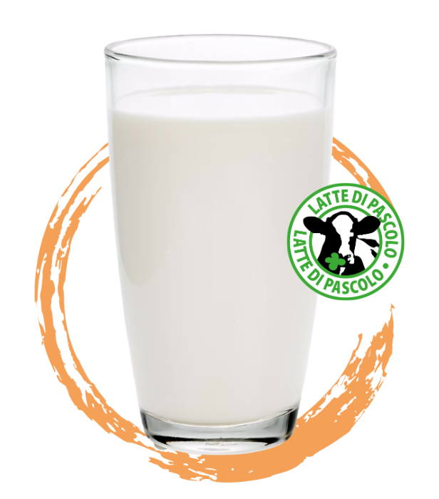Bicchiere di latte con l'icona del latte di pascolo