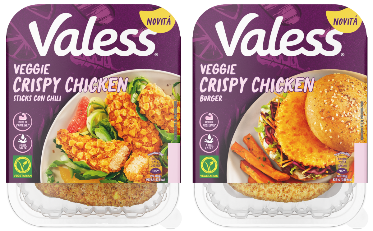Valess Packshot di Veggie Crispy Chicken Sticks con chili e Veggie Crispy Chicken Burger